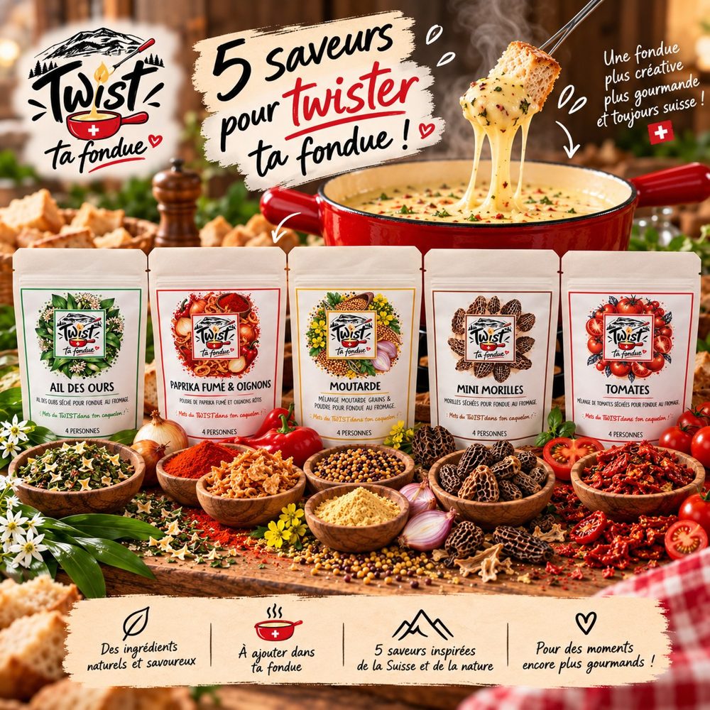 Les cinq sachets Twist ta fondue devant un caquelon de fondue
